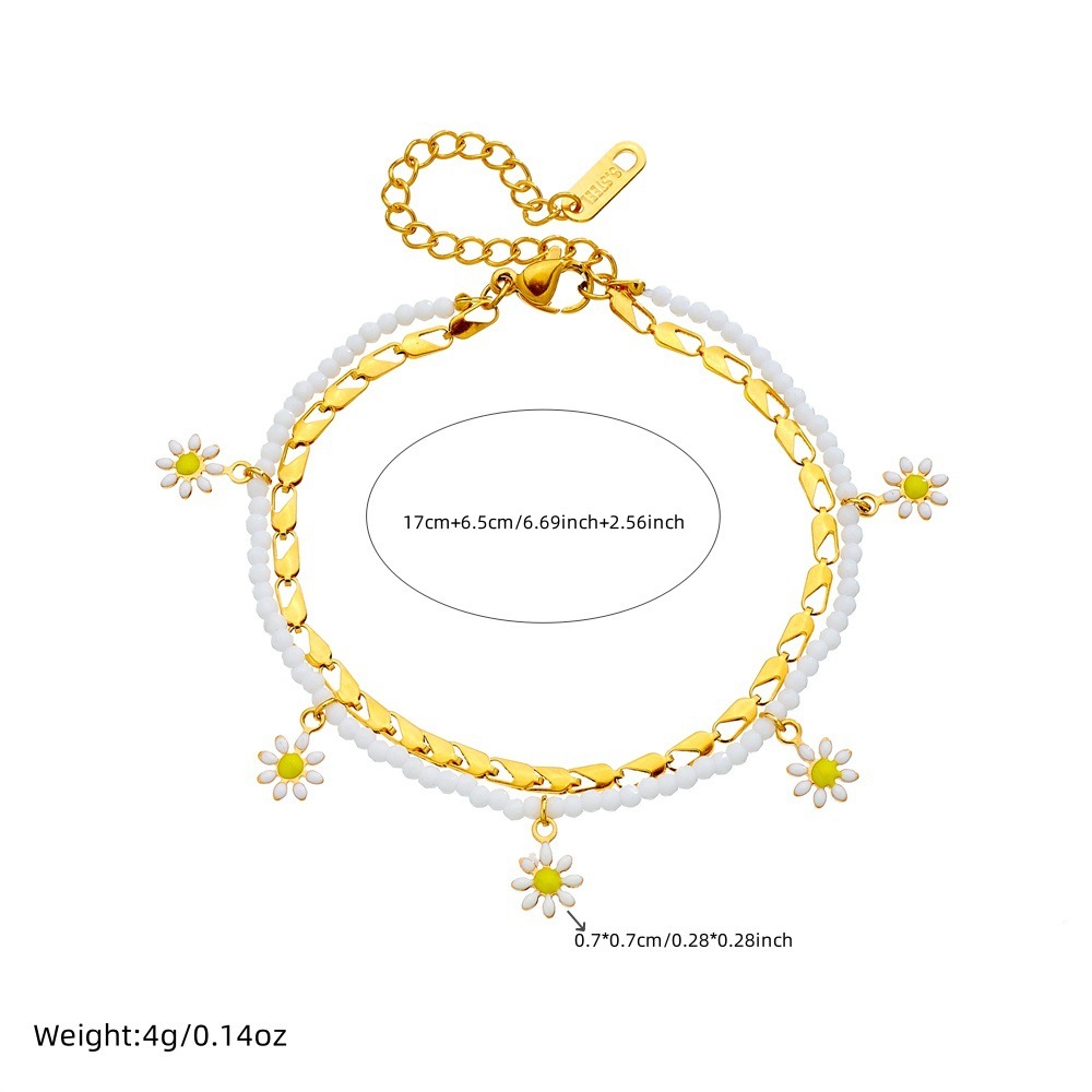 Fashionable cross-border woven white seed bead daisy pastoral style double-layer chain stainless steel anklet for women