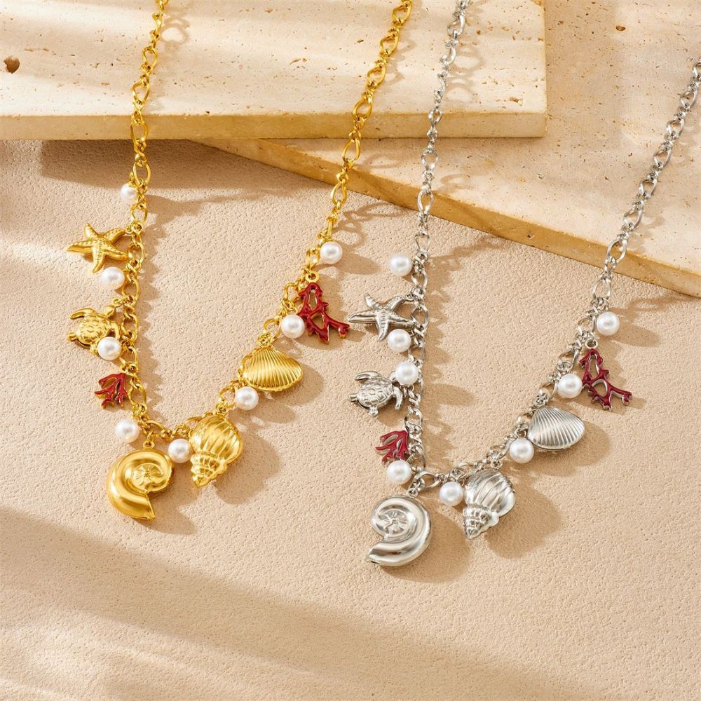 Cross-border fashion niche design gold-plated starfish, conch, coral dripping oil pendant stainless steel chain personalized necklace