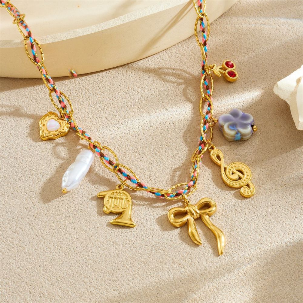 Cross-border fashion gold-plated musical note bow heart pendant chain colorful woven rope stainless steel metal necklace