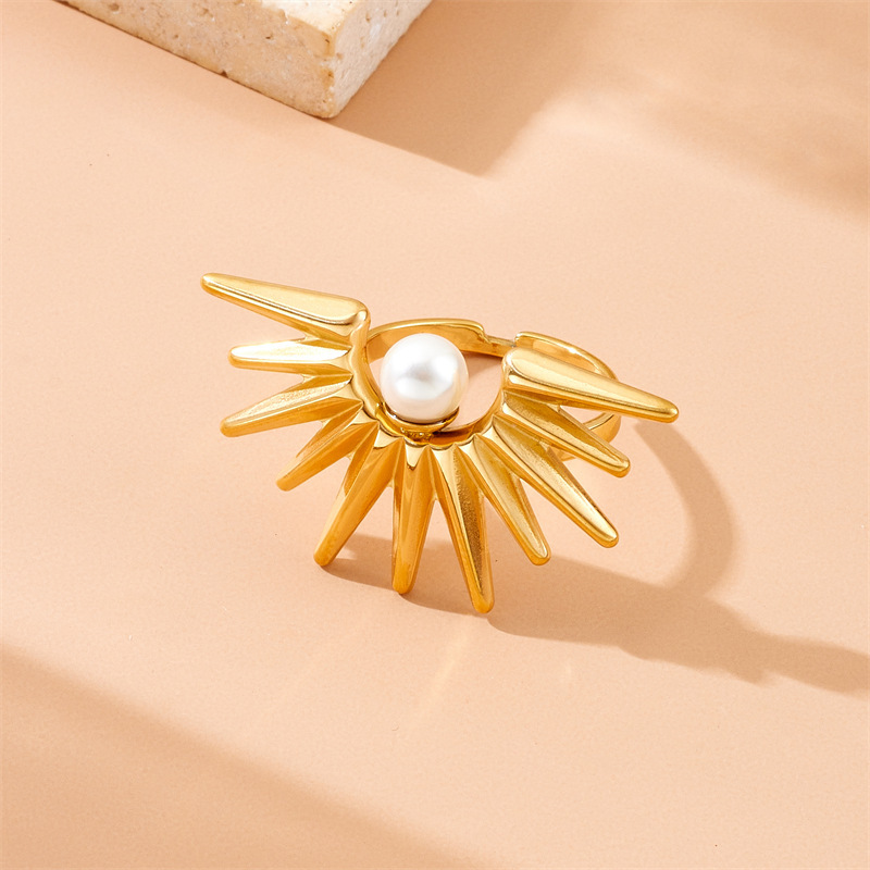 European and American style retro sunflower pearl pendant clavicle chain stainless steel necklace, earrings, and ring three-piece set