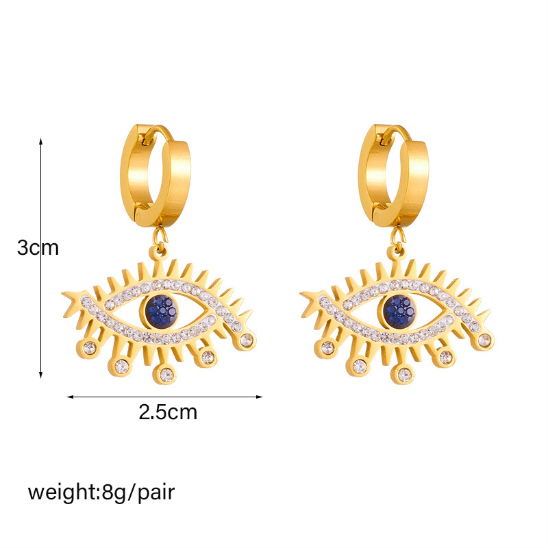 Cross-border fashion personalized blue diamond-encrusted gold-plated openwork stainless steel eye accessories jewelry earrings