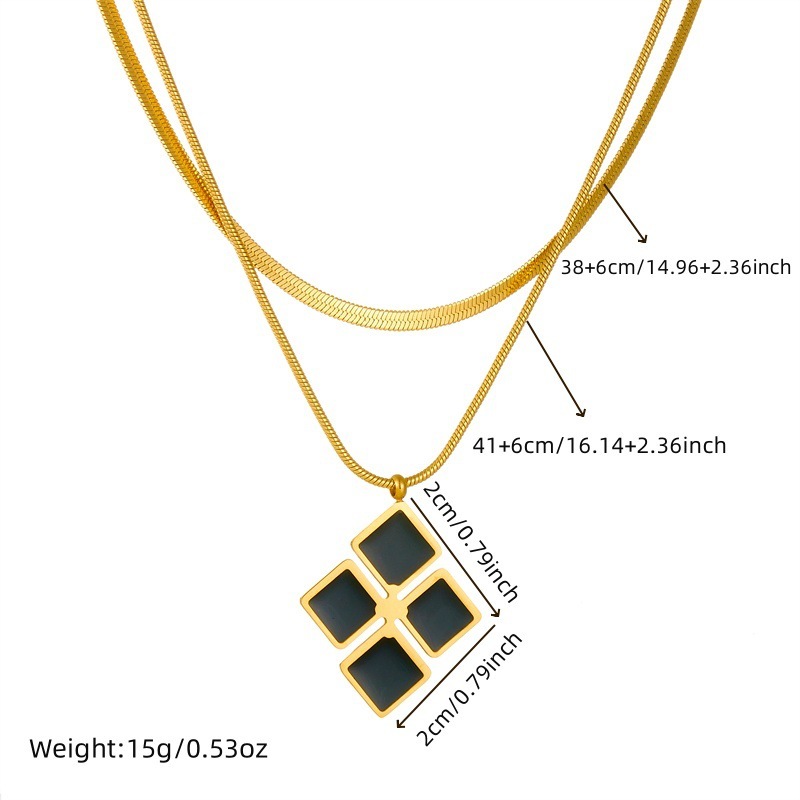 Cross-border fashion minimalist and unique black and white square diamond stainless steel stacked chain necklace, ring and earring set