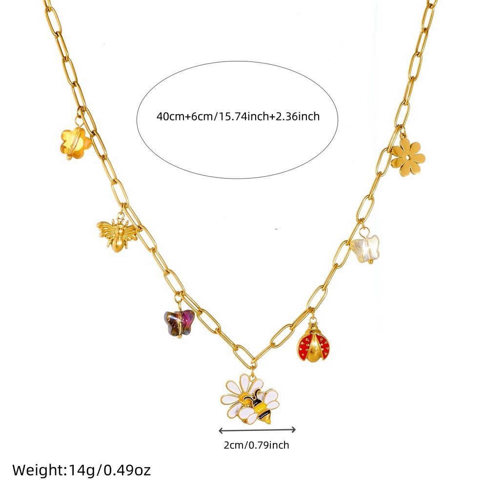 New cross-border fashion cartoon pastoral style dripping flower bee ladybug pendant accessory stainless steel jewelry set