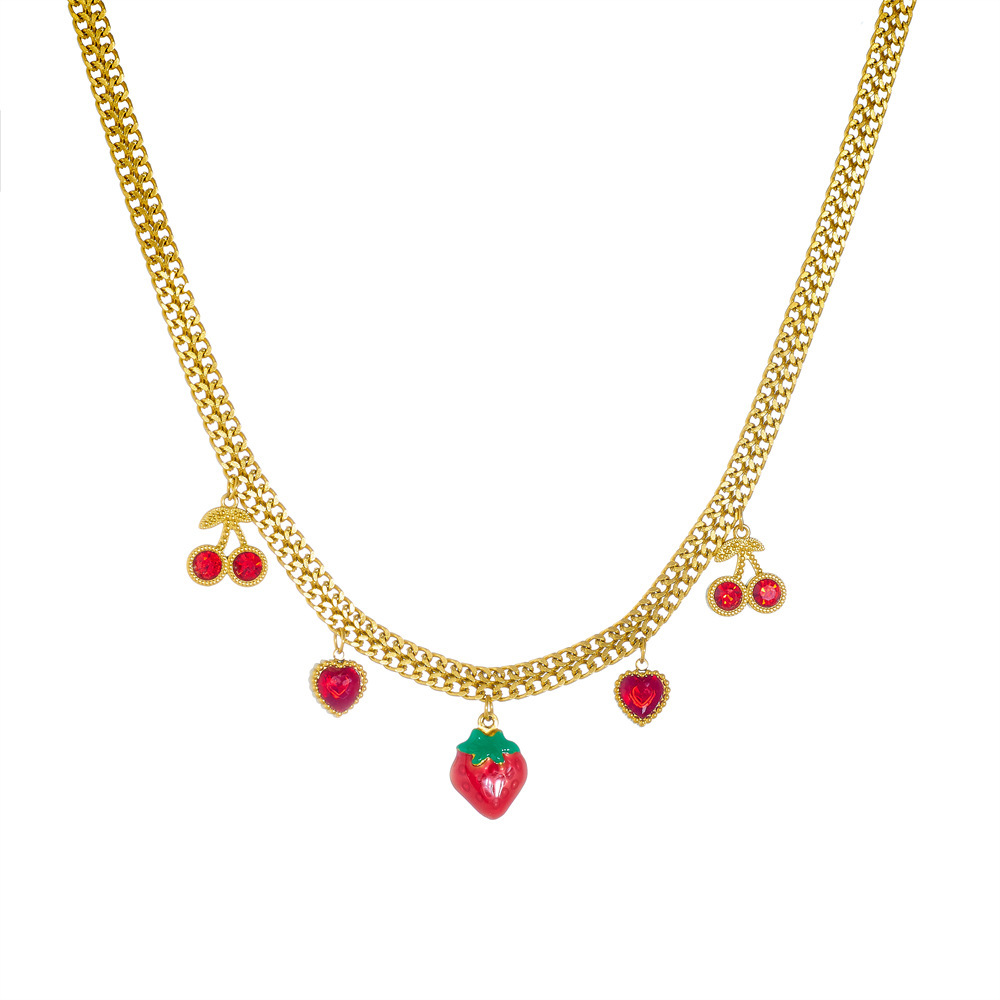 European and American cross-border creative fresh fruit series design three-dimensional strawberry and cherry pendant chain stainless steel necklace