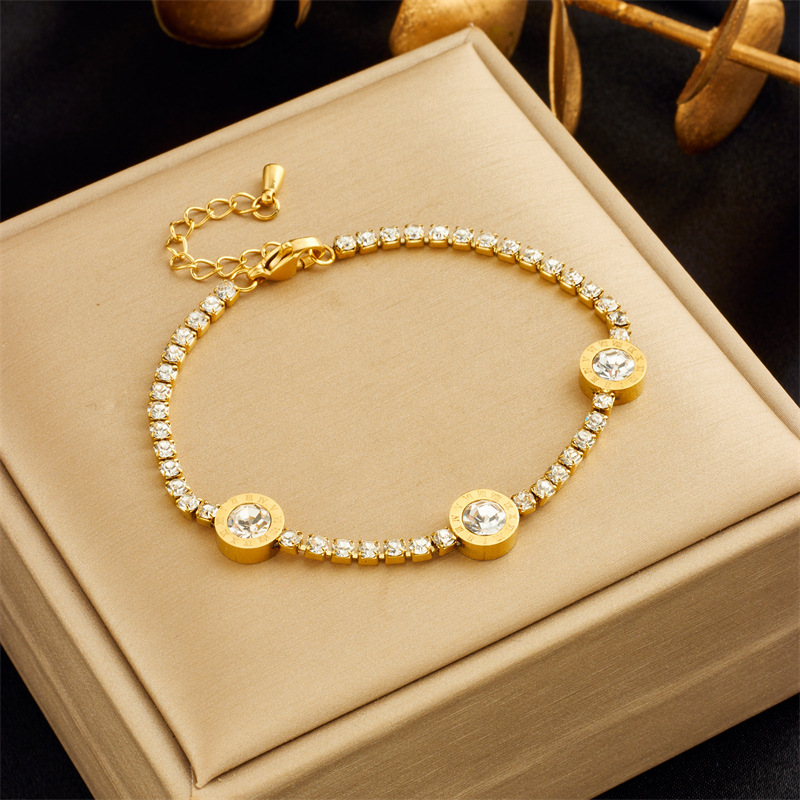 Stylish, elegant, minimalist, and luxurious diamond-encrusted Roman pendant accessory on a titanium steel bracelet.