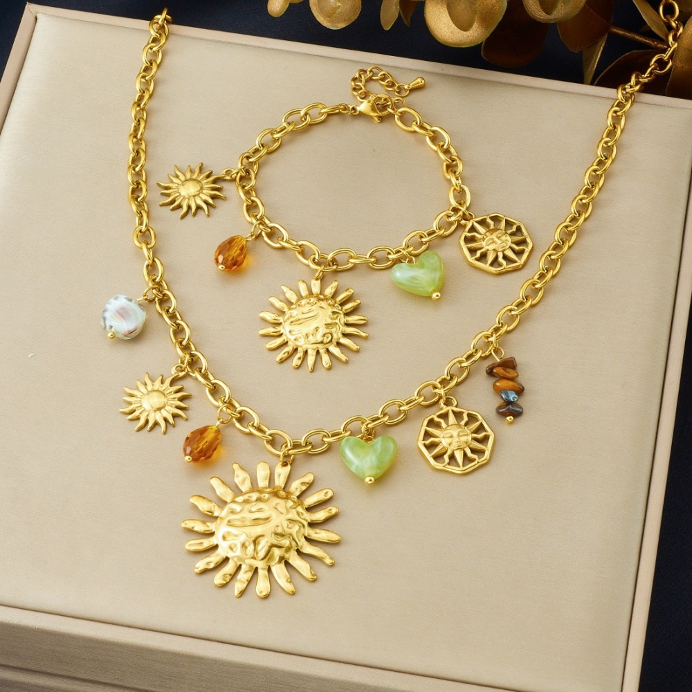 European and American cross-border fashion personalized face sun irregular pebble beaded heart pendant stainless steel jewelry set