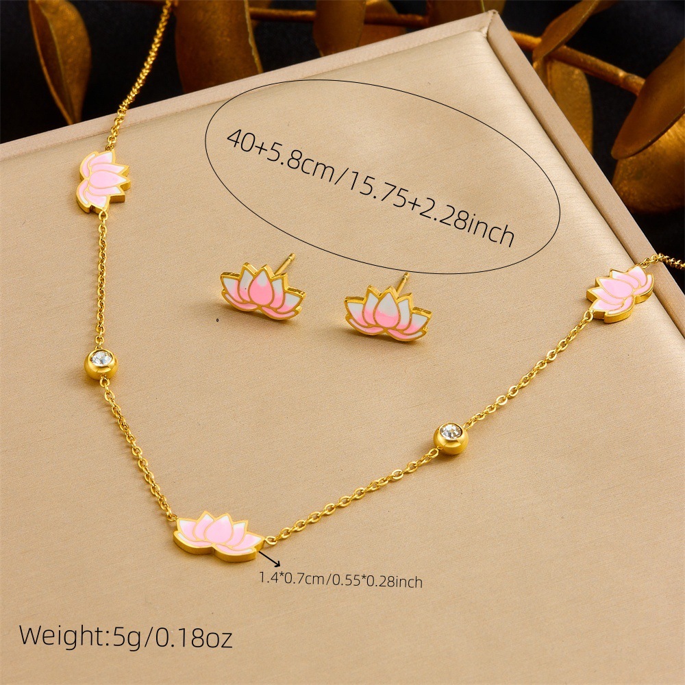 Fashionable and minimalist new Chinese style epoxy resin pink gradient lotus flower rhinestone-encrusted delicate chain necklace, earrings, and bracelet set