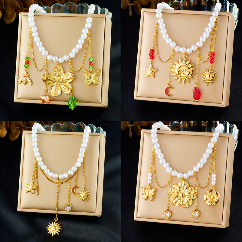 New cross-border fashion stainless steel beaded women's necklace with sunflower pendant and tassel.