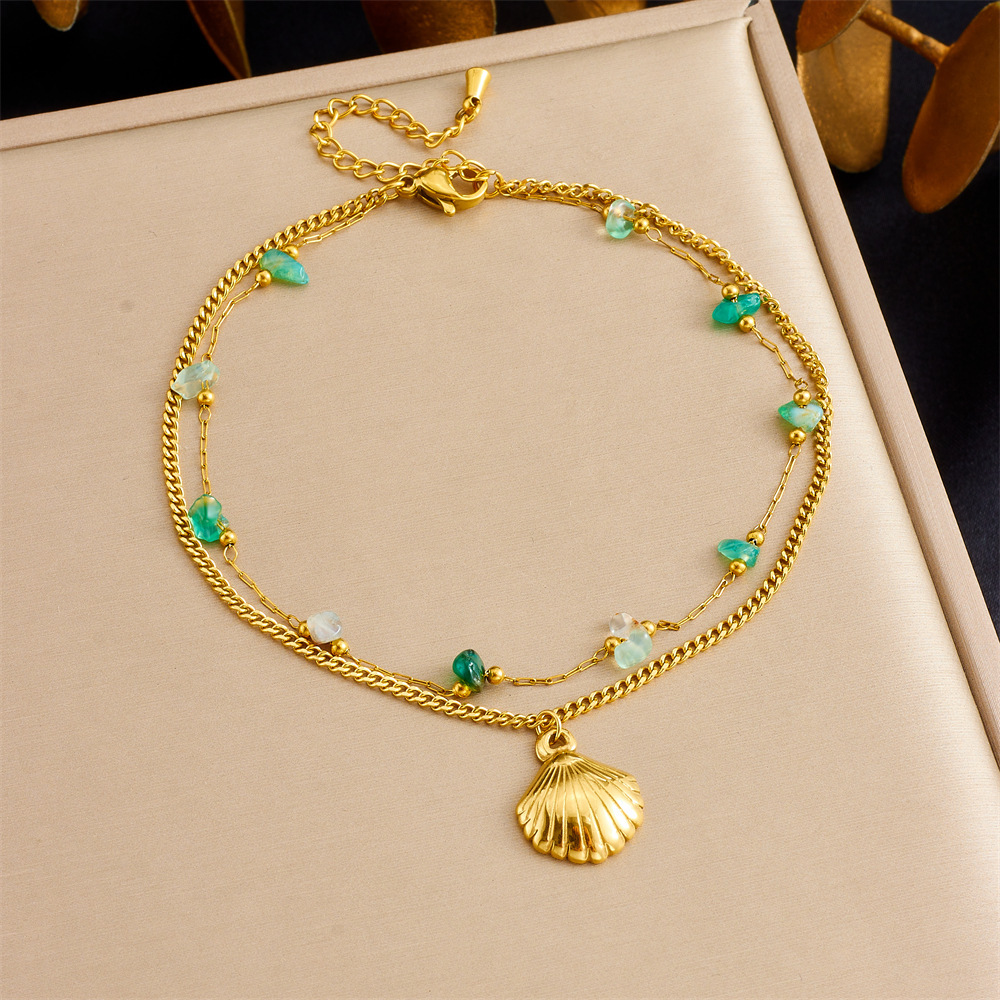 New summer beach style green gradient pebble and seashell accessories double-layered chain stainless steel anklet