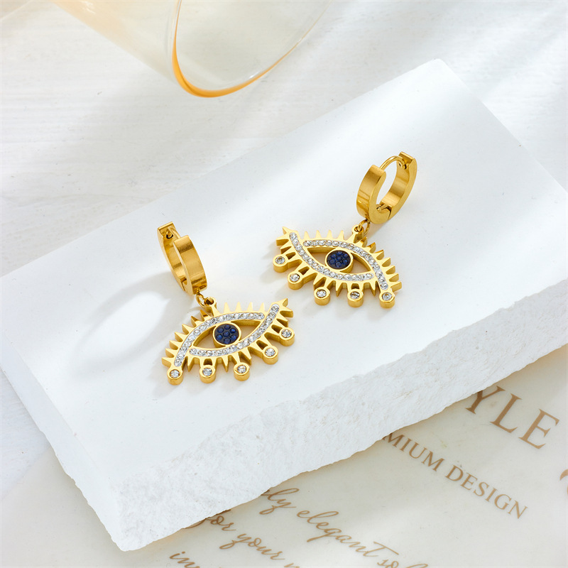 Cross-border fashion personalized blue diamond-encrusted gold-plated openwork stainless steel eye accessories jewelry earrings