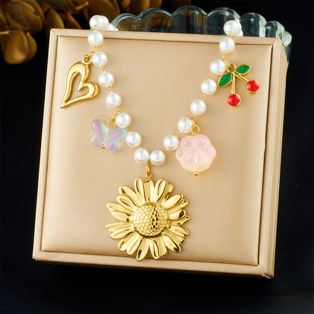 European and American style pearl chain gold-plated cherry fruit pendant heart sunflower flower accessory necklace