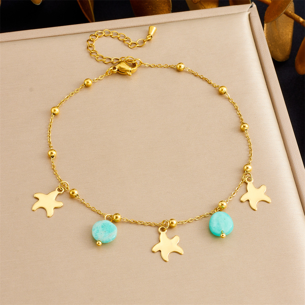 Niche fashion versatile mint green stone pendant, polished starfish, gold-plated stainless steel chain, jewelry anklet.
