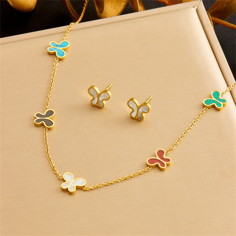 European and American cross-border personalized minimalist colorful butterfly accessory chain stainless steel bracelet earring necklace jewelry set