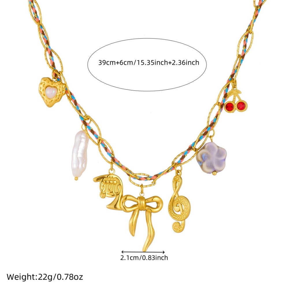 Cross-border fashion gold-plated musical note bow heart pendant chain colorful woven rope stainless steel metal necklace