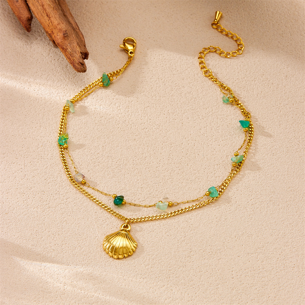 New summer beach style green gradient pebble and seashell accessories double-layered chain stainless steel anklet