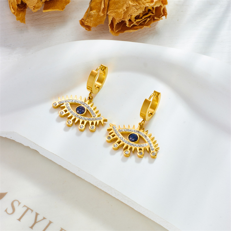 Cross-border fashion personalized blue diamond-encrusted gold-plated openwork stainless steel eye accessories jewelry earrings