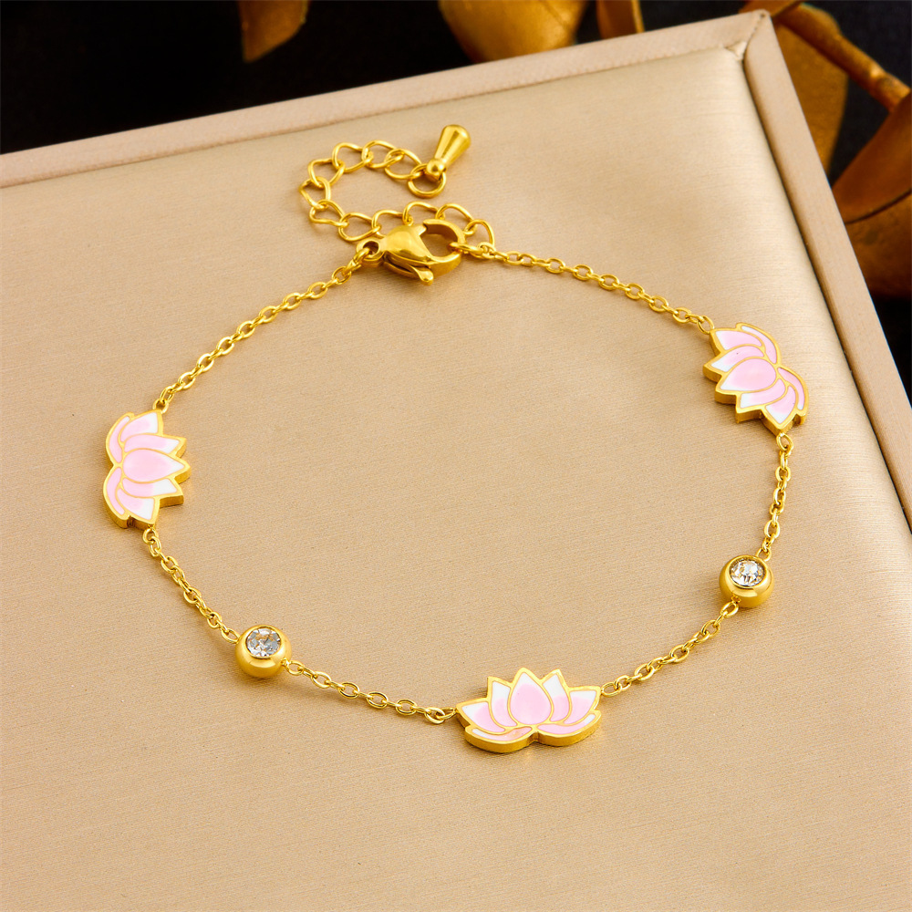 Fashionable and minimalist new Chinese style epoxy resin pink gradient lotus flower rhinestone-encrusted delicate chain necklace, earrings, and bracelet set