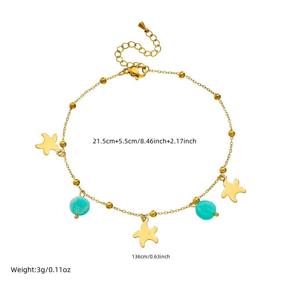 Niche fashion versatile mint green stone pendant, polished starfish, gold-plated stainless steel chain, jewelry anklet.