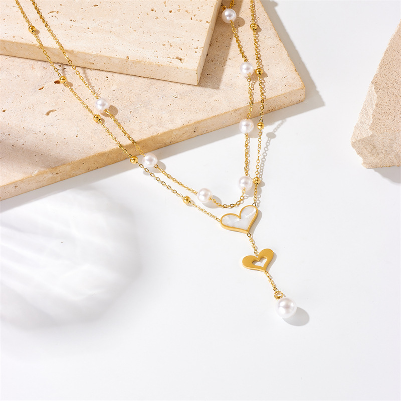 European and American style niche retro double-layer chain pearl butterfly tassel pendant necklace