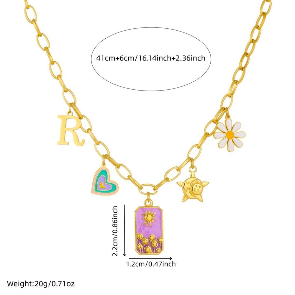 Cross-border fashion trendy drip-colored heart square sun daisy flower pendant stainless steel necklace