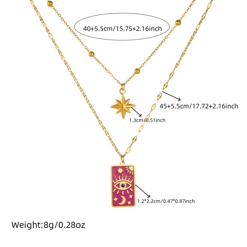 Vintage square dripping eye of God earrings pendant double-layer necklace stacked star and moon clavicle chain jewelry set