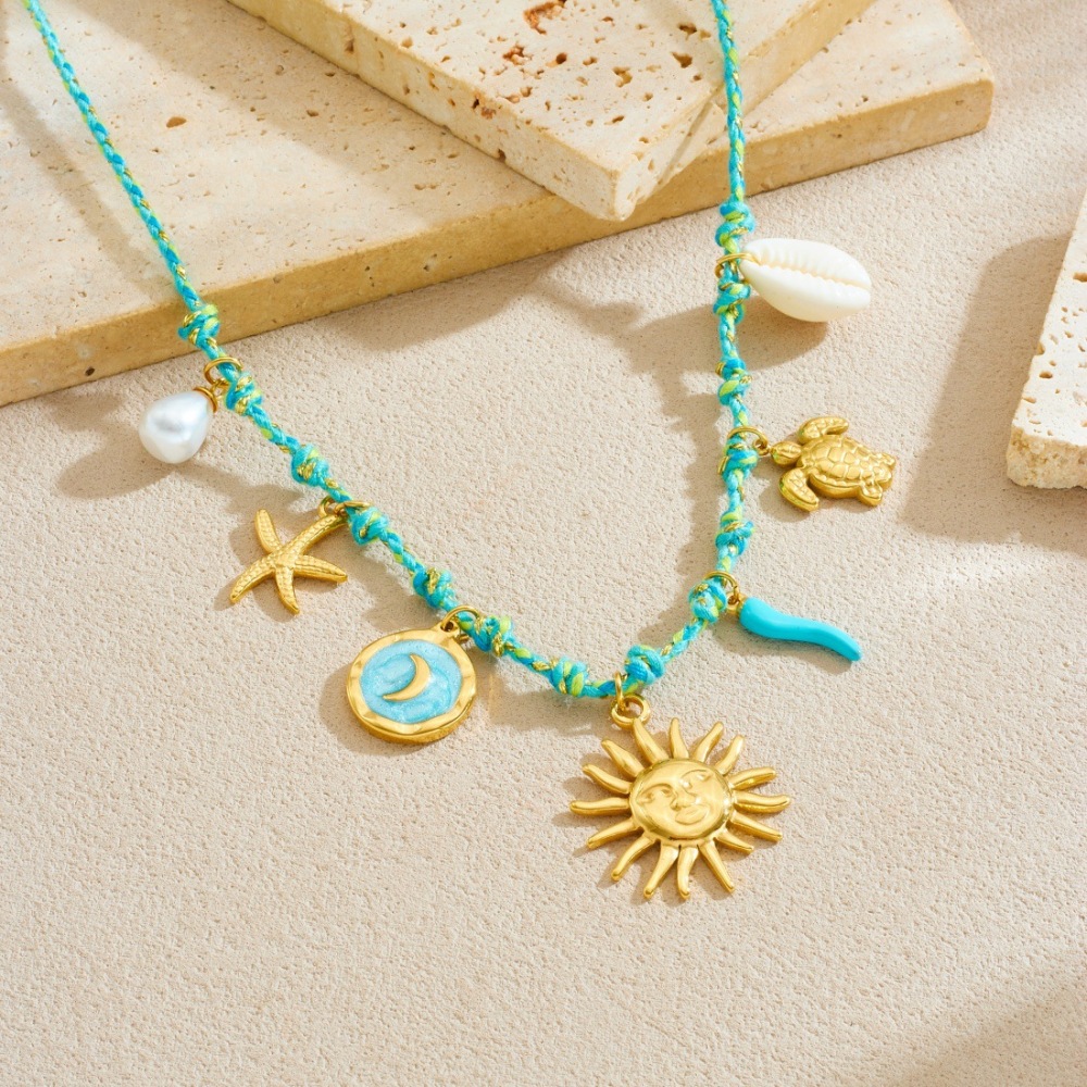 European and American cross-border fashion face sun gold-plated turtle starfish pendant clavicle chain round dripping moon necklace