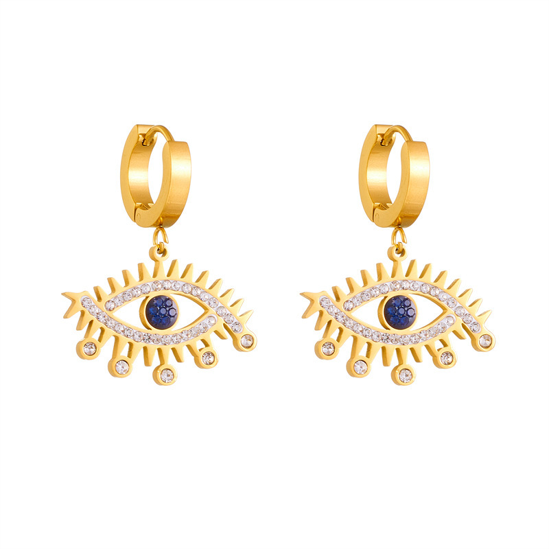 Cross-border fashion personalized blue diamond-encrusted gold-plated openwork stainless steel eye accessories jewelry earrings