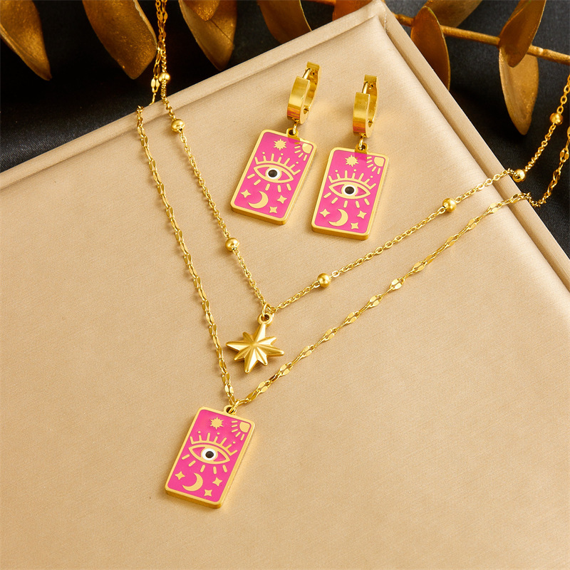 Vintage square dripping eye of God earrings pendant double-layer necklace stacked star and moon clavicle chain jewelry set
