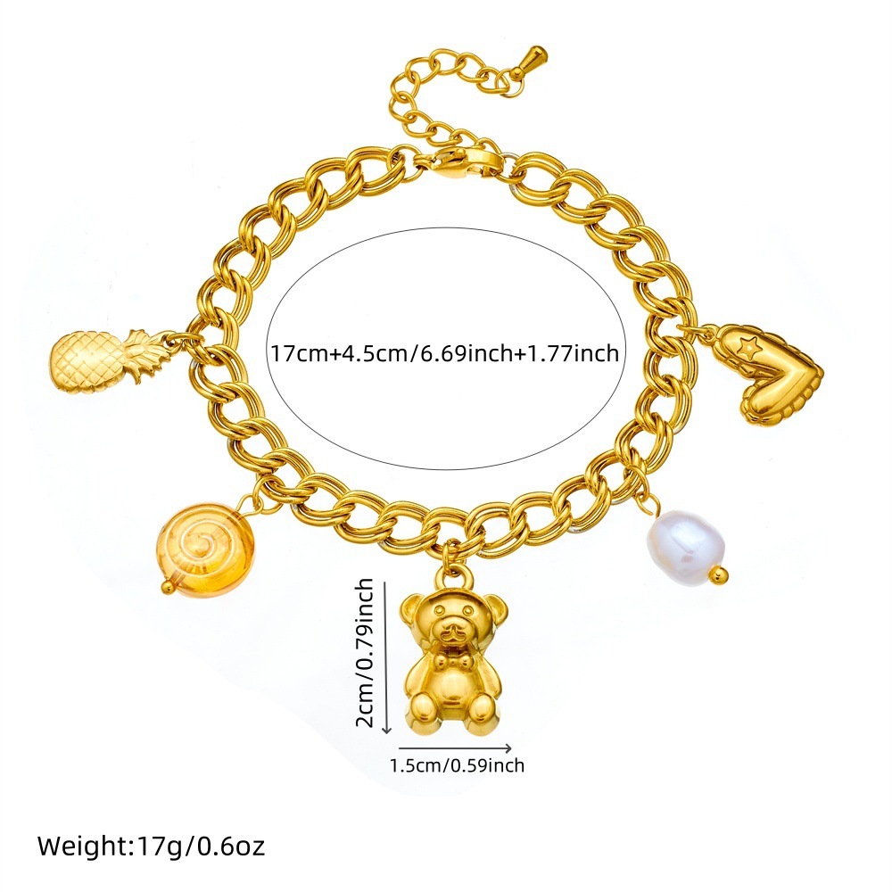 Fashionable cross-border double-chain gold-plated stainless steel heart pineapple bear pendant pearl jewelry bracelet