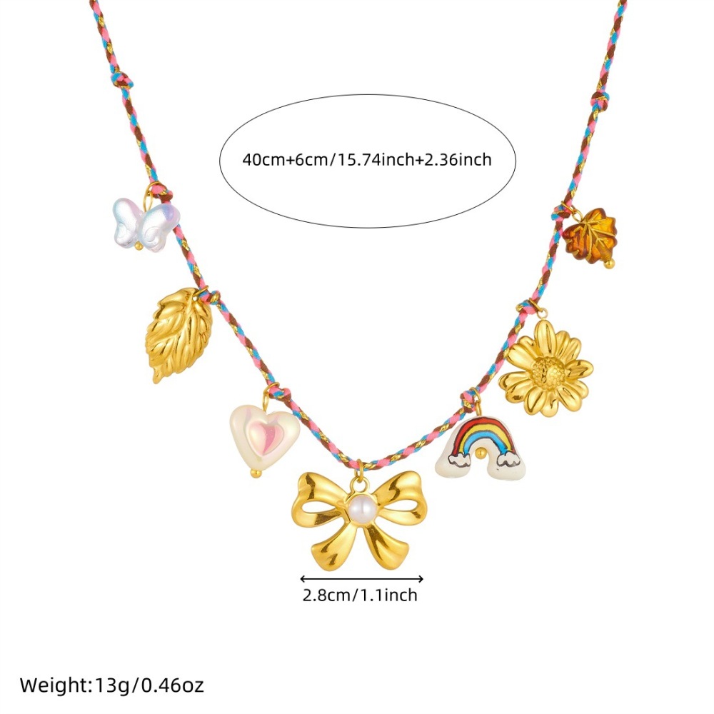 DIY stainless steel pendant necklace with colorful rope from Europe and America, creative and unique ceramic rainbow bow choker.