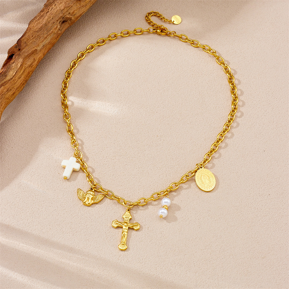 European and American cross-border fashion retro gold-plated angel and Virgin Mary oval cross pearl pendant chain stainless steel necklace