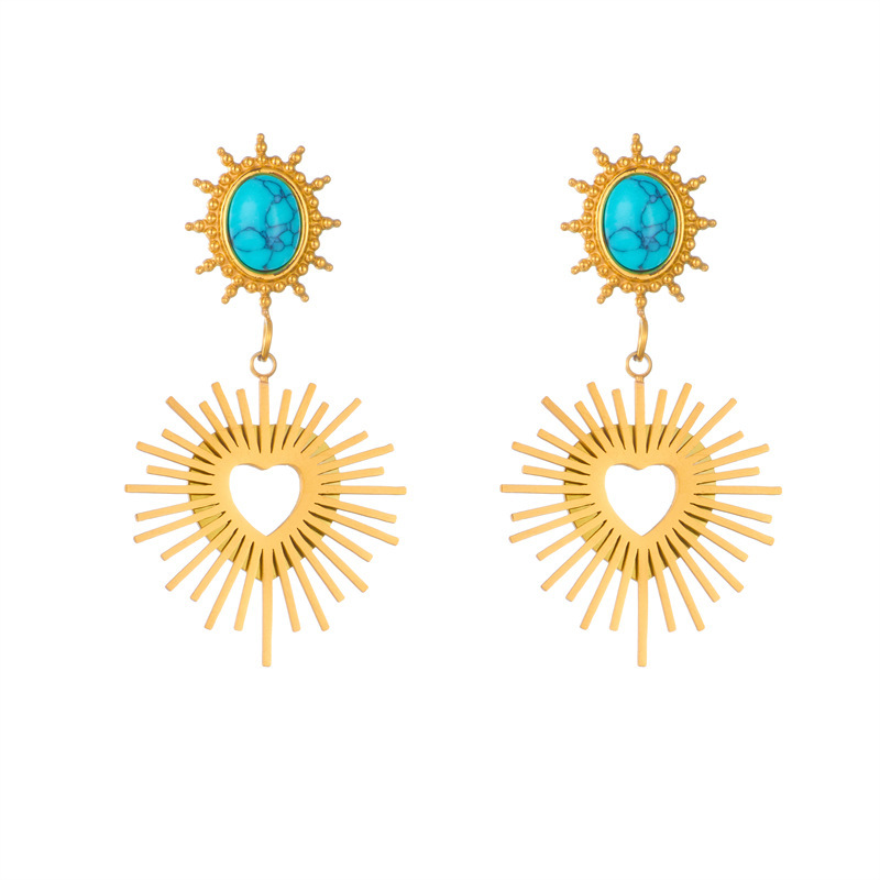 European and American style vintage turquoise retro sun heart irregular earrings geometric oval titanium steel earrings