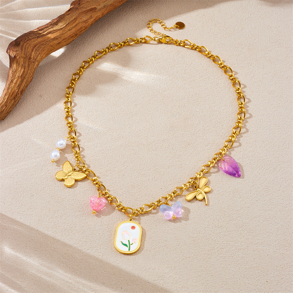 New cross-border printed oil-drop square butterfly dragonfly heart accessory pendant stainless steel chain jewelry necklace