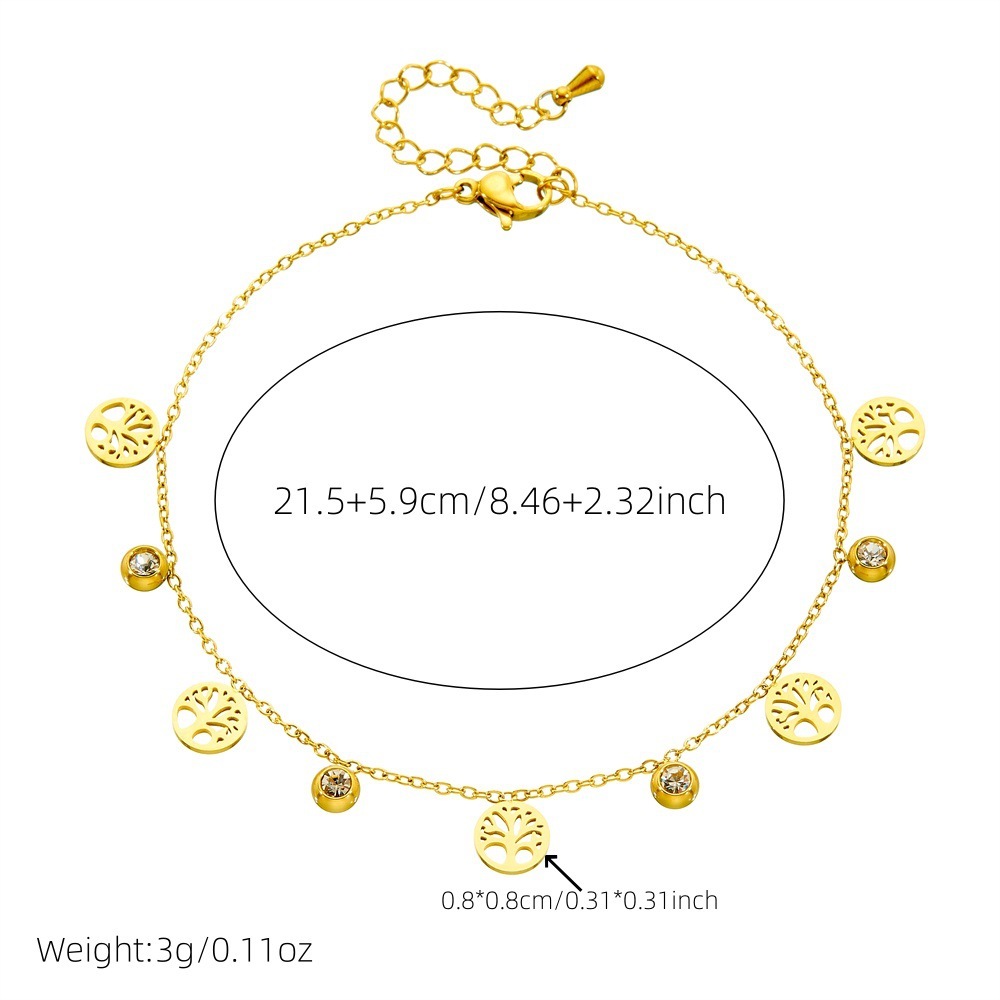 Cross-border fashion niche design diamond-encrusted hollowed-out round tree of life cross pendant chain stainless steel anklet