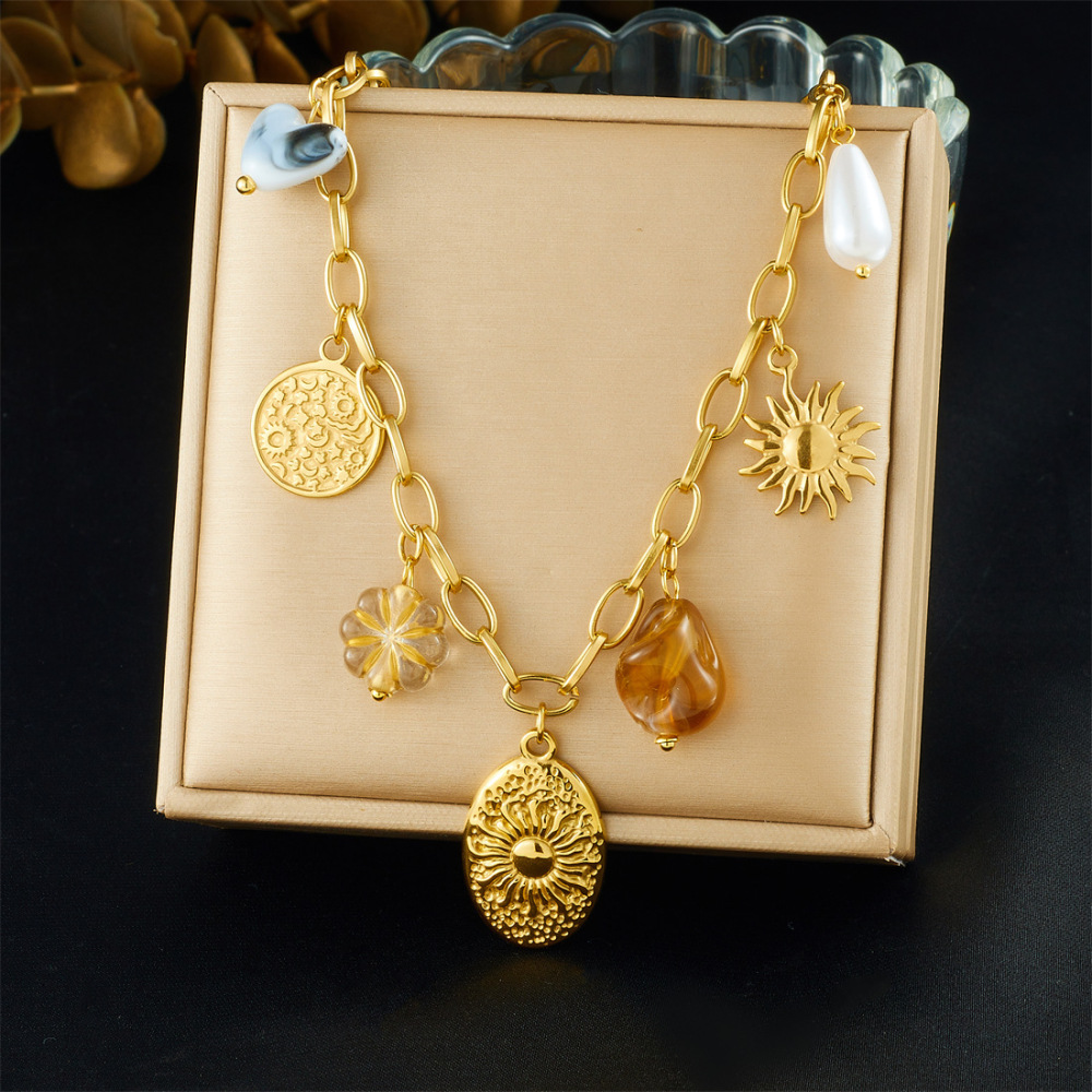 European and American style retro gold-plated oval sunflower pearl pendant accessory stainless steel chain necklace