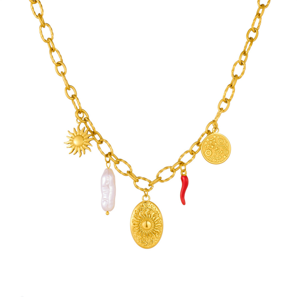 European and American cross-border fashion personalized oval plaque embossed sun pattern pendant gold-plated stainless steel pearl chili pepper necklace
