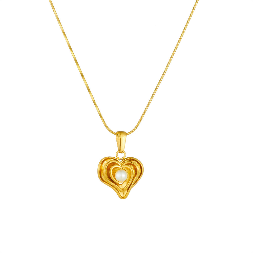 European and American style gold-plated simple and versatile irregular heart pearl pendant snake chain stainless steel jewelry necklace