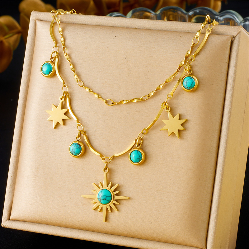 Retro-style turquoise star necklace, versatile, double-layered, unique design, stainless steel jewelry for women.