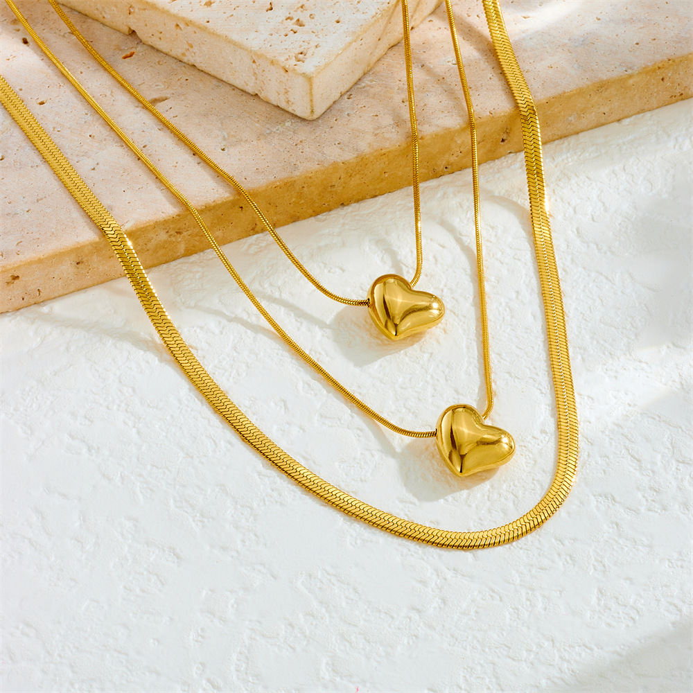 New European and American cross-border fashion style gold-plated smooth heart pendant multi-layer chain stainless steel minimalist style necklace