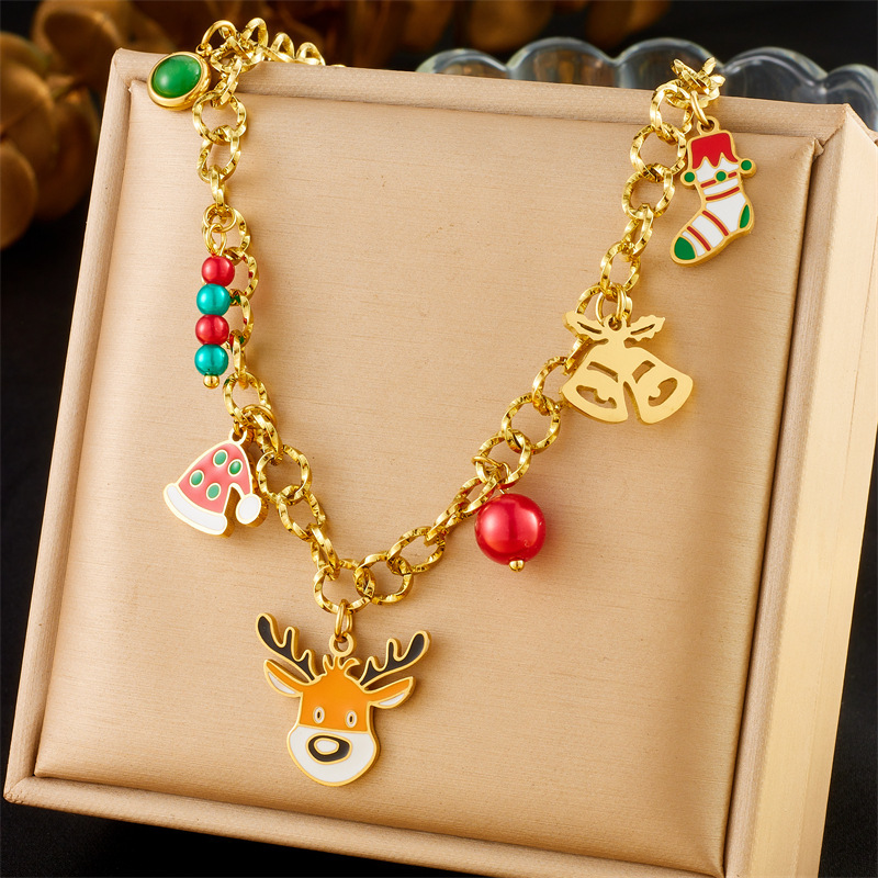 Cross-border fashion cartoon dripping reindeer sock pendant stainless steel chain bracelet earring necklace jewelry set