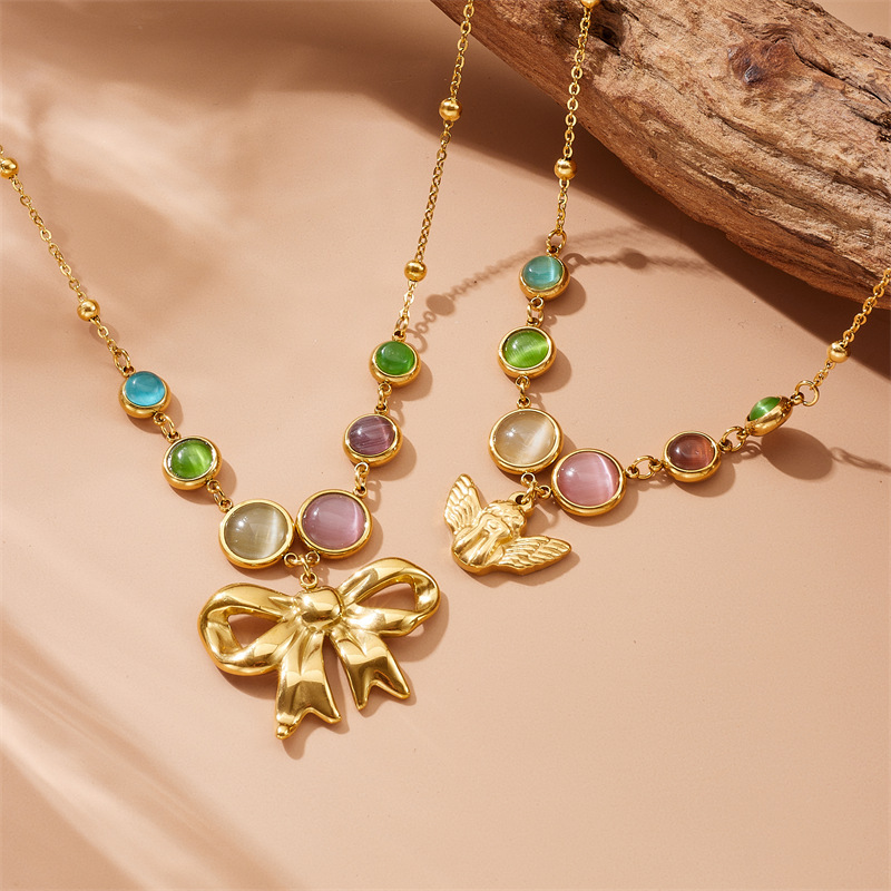 Korean style fashion cross-border new colorful gemstone accessories gold-plated bow angel chain stainless steel jewelry necklace