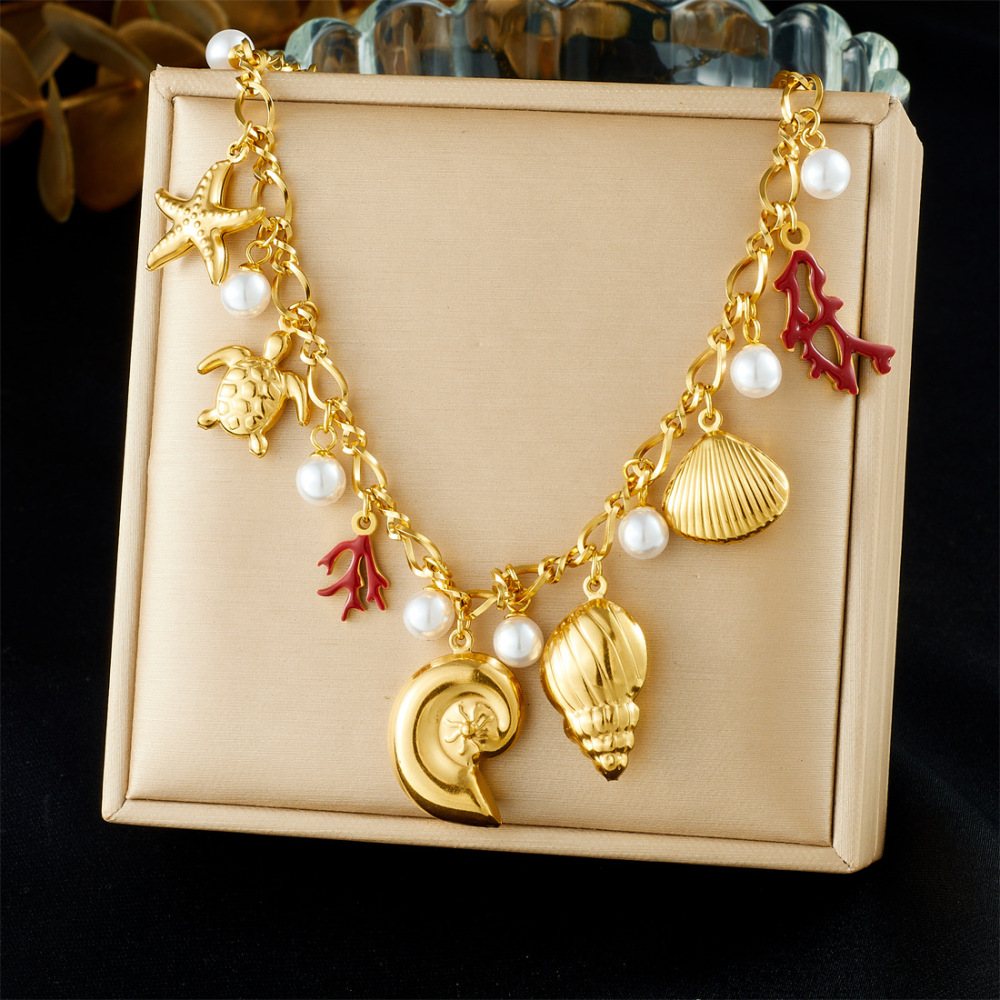 Cross-border fashion niche design gold-plated starfish, conch, coral dripping oil pendant stainless steel chain personalized necklace