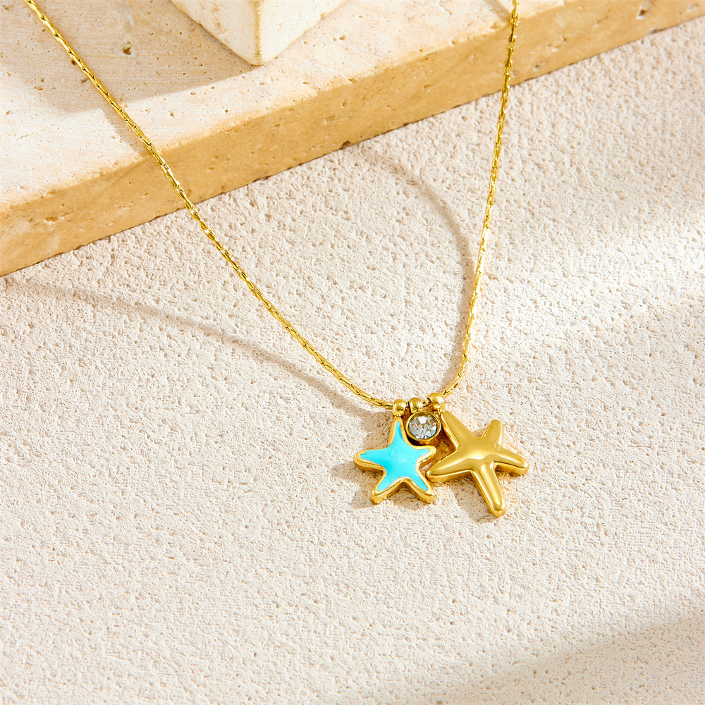 Korean style, fashionable, simple and fresh, oil-drop blue starfish polished pendant, stainless steel gold-plated chain, women's necklace.