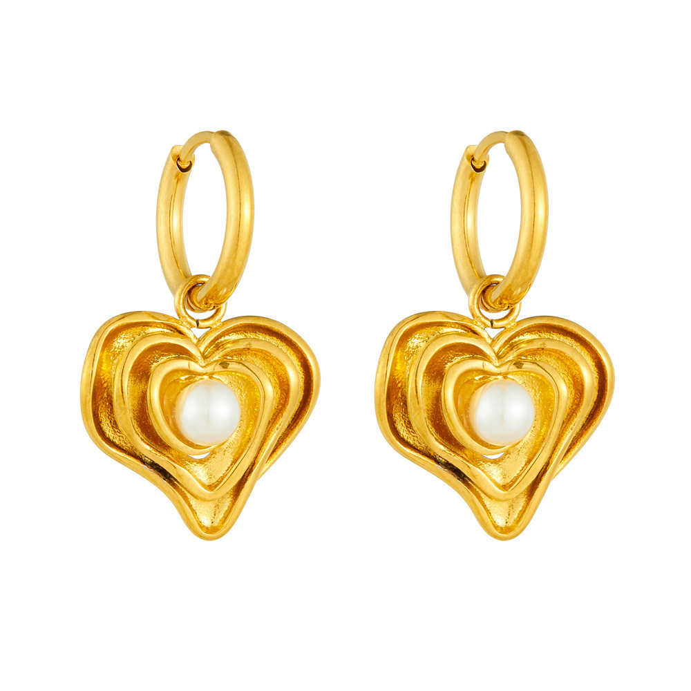 European and American style high-end retro-style gold-plated irregular multi-layered heart pearl pendant stainless steel women's earrings
