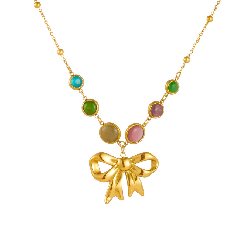 Korean style fashion cross-border new colorful gemstone accessories gold-plated bow angel chain stainless steel jewelry necklace