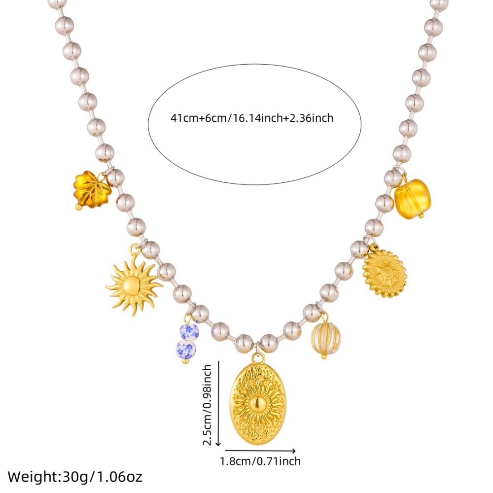 European and American minimalist style multi-element accessories oval relief sunflower pendant stainless steel beaded necklace