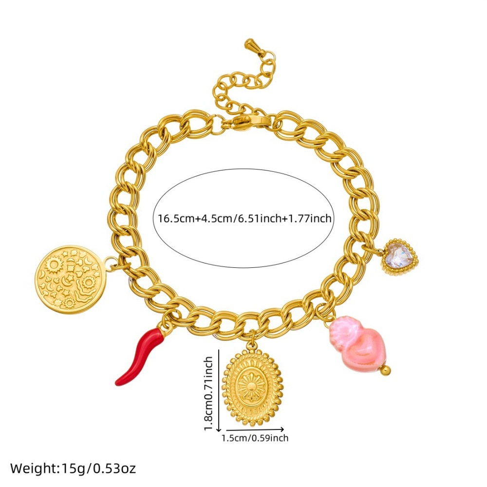 Cross-border fashion personalized retro round plaque embossed pattern gold-plated pendant stainless steel heart chili pepper bracelet