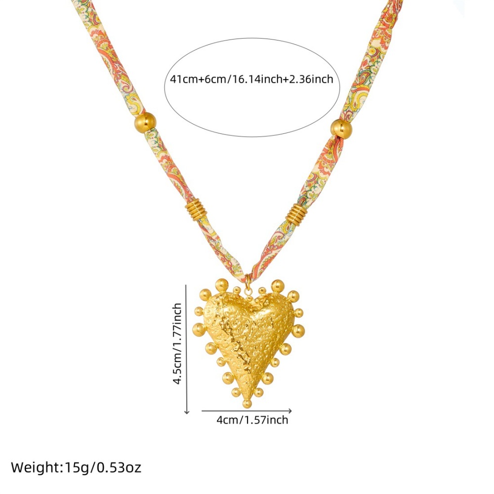 European and American style retro printed colorful ribbon rope gold-plated stainless steel heart-shaped gold bead accessory pendant necklace