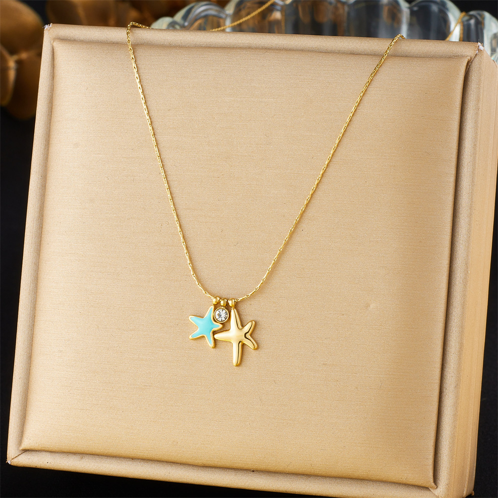 Korean style, fashionable, simple and fresh, oil-drop blue starfish polished pendant, stainless steel gold-plated chain, women's necklace.