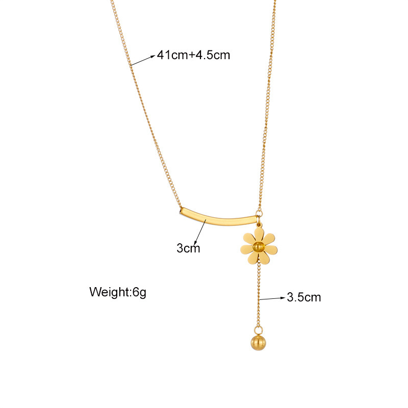 European and American style minimalist niche long strip smooth flower tassel gold bead pendant titanium steel jewelry cool style necklace